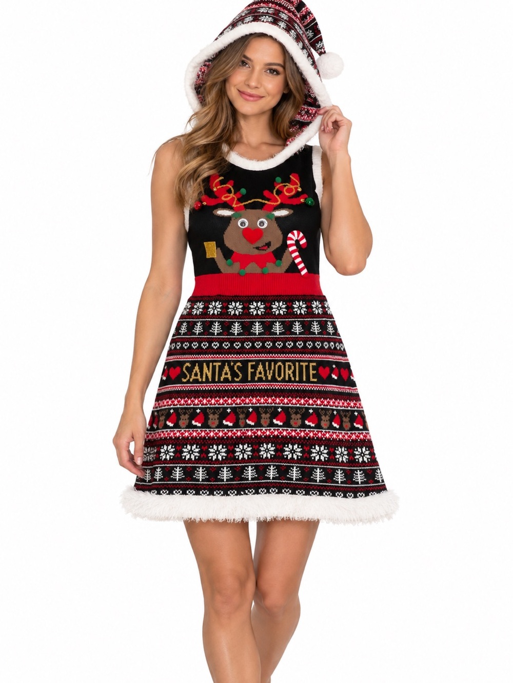 Santa’s Favorite Christmas Sweater Dress Hooded Reindeer Ugly Christmas Party